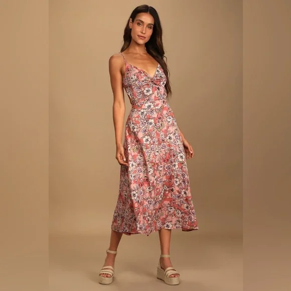 Lulus Ties With You Rose Pink Floral Print Tie-Back Midi Dress New - Picture 2 of 5